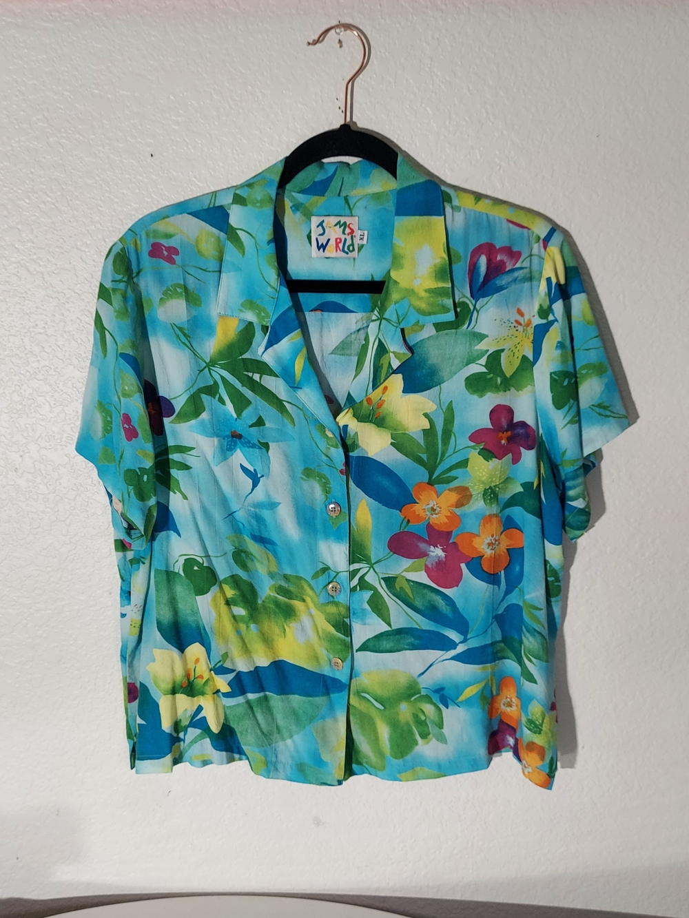 Jams World Vtg Floral Tropical Blue Multi Short Sleeve Button Up Shirt WM Sz XL